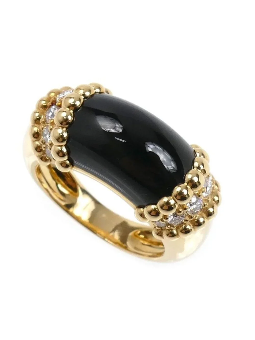Van Cleef & Arpels 18K Yellow Gold Perlee Coule Ring Diamond Onyx